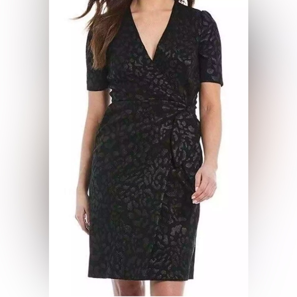 Alex Marie 6 Margot Black Leopard Shimmer Jacquard Short Sleeve Sheath Dress